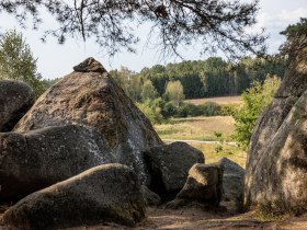 Im Naturpark Blockheide entfaltet sich eine beeindruckende Landschaft aus majest&auml;tischen Felsen und sanften H&uuml;geln, die von &uuml;ppigem Gr&uuml;n umgeben sind. Die ruhige Atmosph&auml;re l&auml;dt dazu ein, die Seele baumeln zu lassen und die Sch&ouml;nheit der Natur in vollen Z&uuml;gen zu genie&szlig;en.