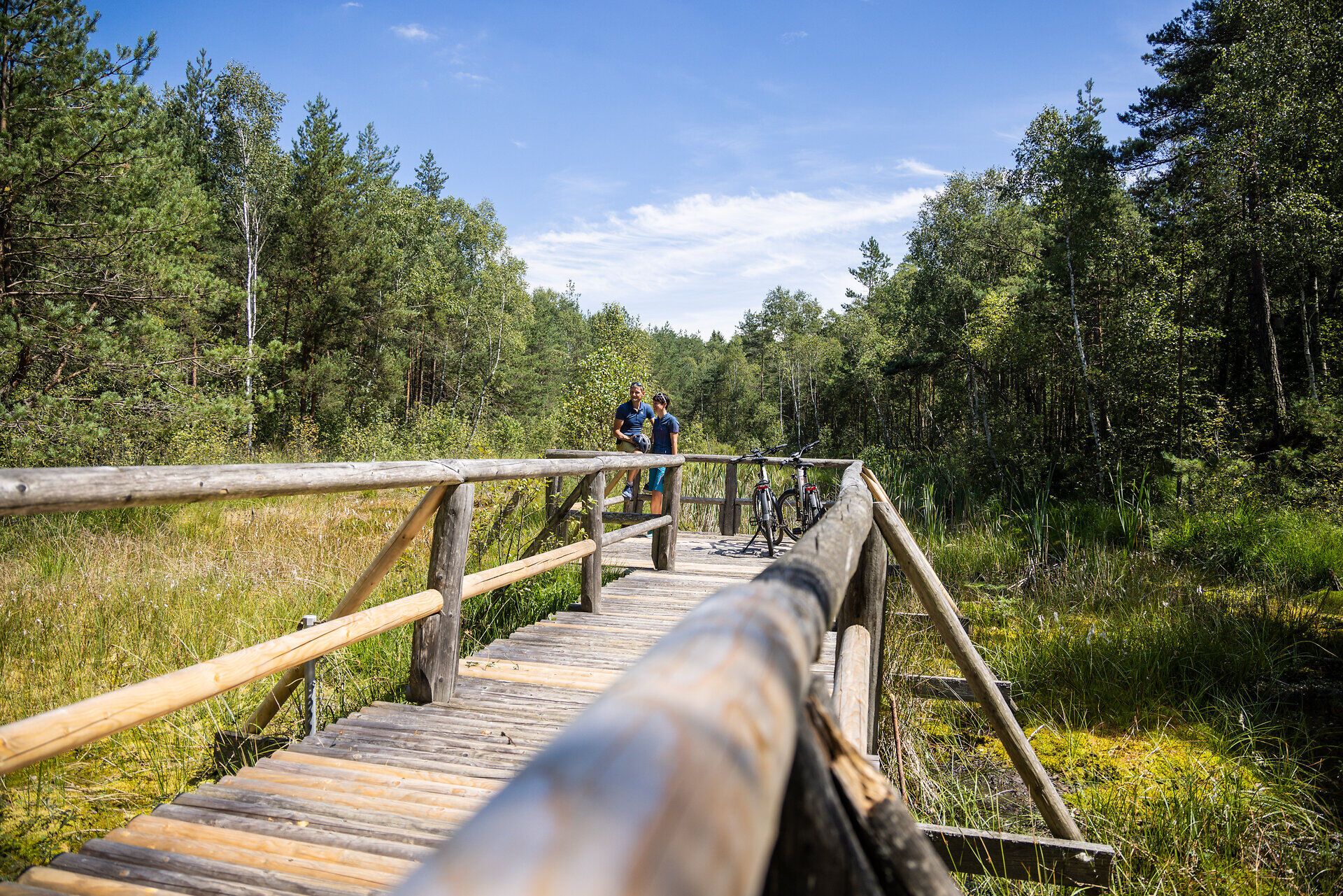 Ein malerischer Holzsteg führt durch die üppige, grüne Landschaft des Naturparks, umgeben von sanften Hügeln und dem beruhigenden Plätschern des Wassers. Radfahrer genießen die frische Luft und die atemberaubenden Ausblicke, während sie die Ruhe der Natur erleben. Hier, wo die Schönheit der Natur auf Abenteuerlust trifft, wird jeder Moment zu einem unvergesslichen Erlebnis.