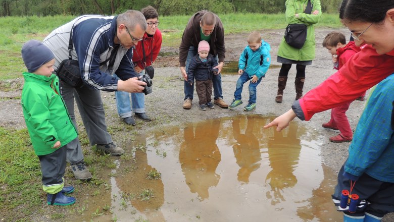 Gruppe von Erwachsenen und Kindern beobachtet eine Pf&uuml;tze im Freien.