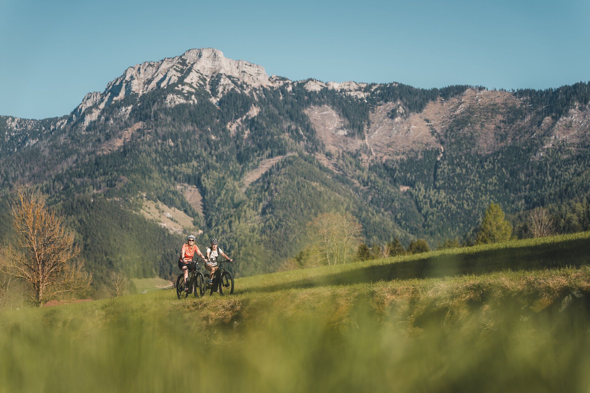 Zwei Radfahrerinnen auf dem Traisental-Radweg, Bergpanorama im Hintergrund.