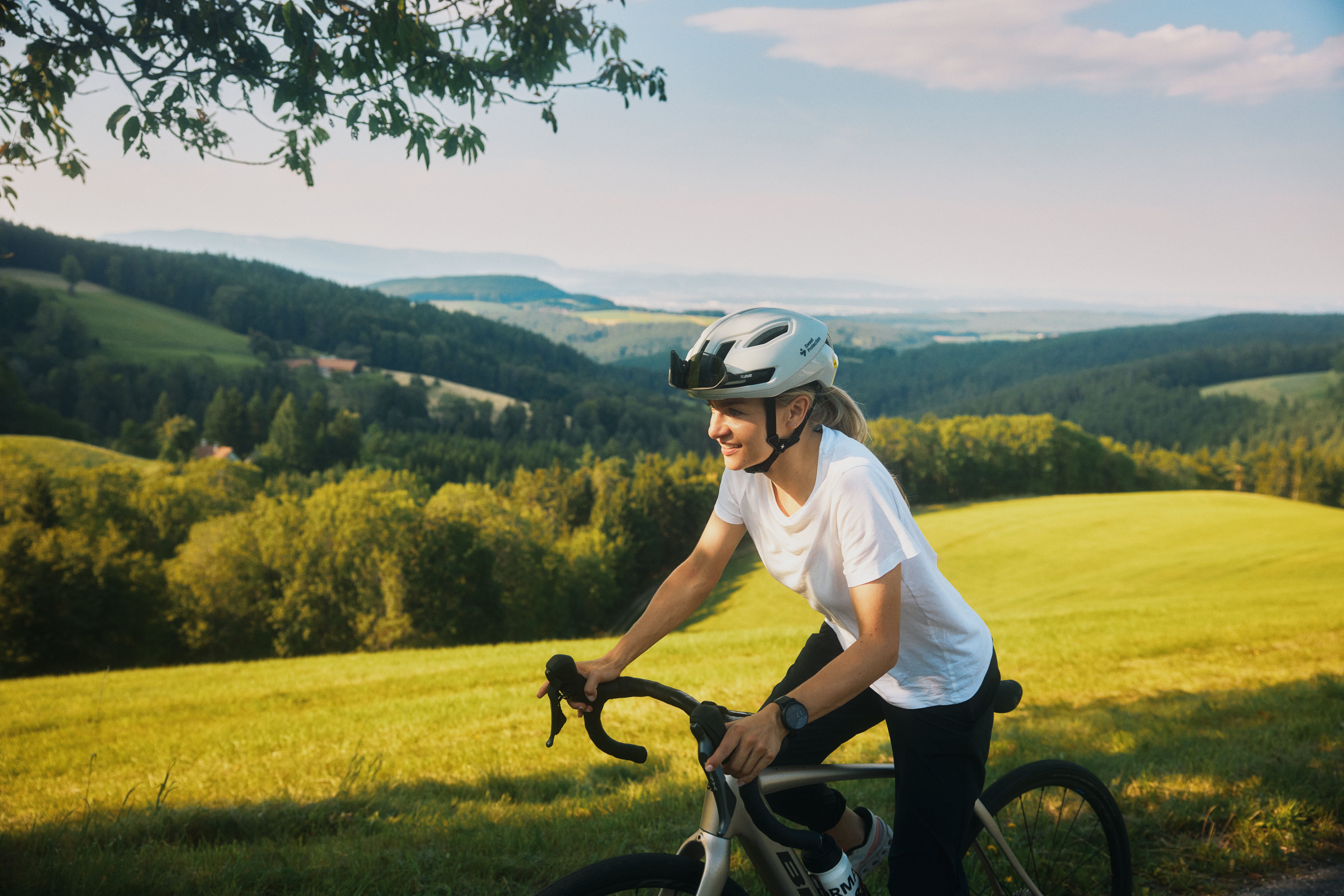Eine Person fährt mit einem Fahrrad durch eine hügelige Landschaft mit grünen Wiesen und Wäldern im Hintergrund.