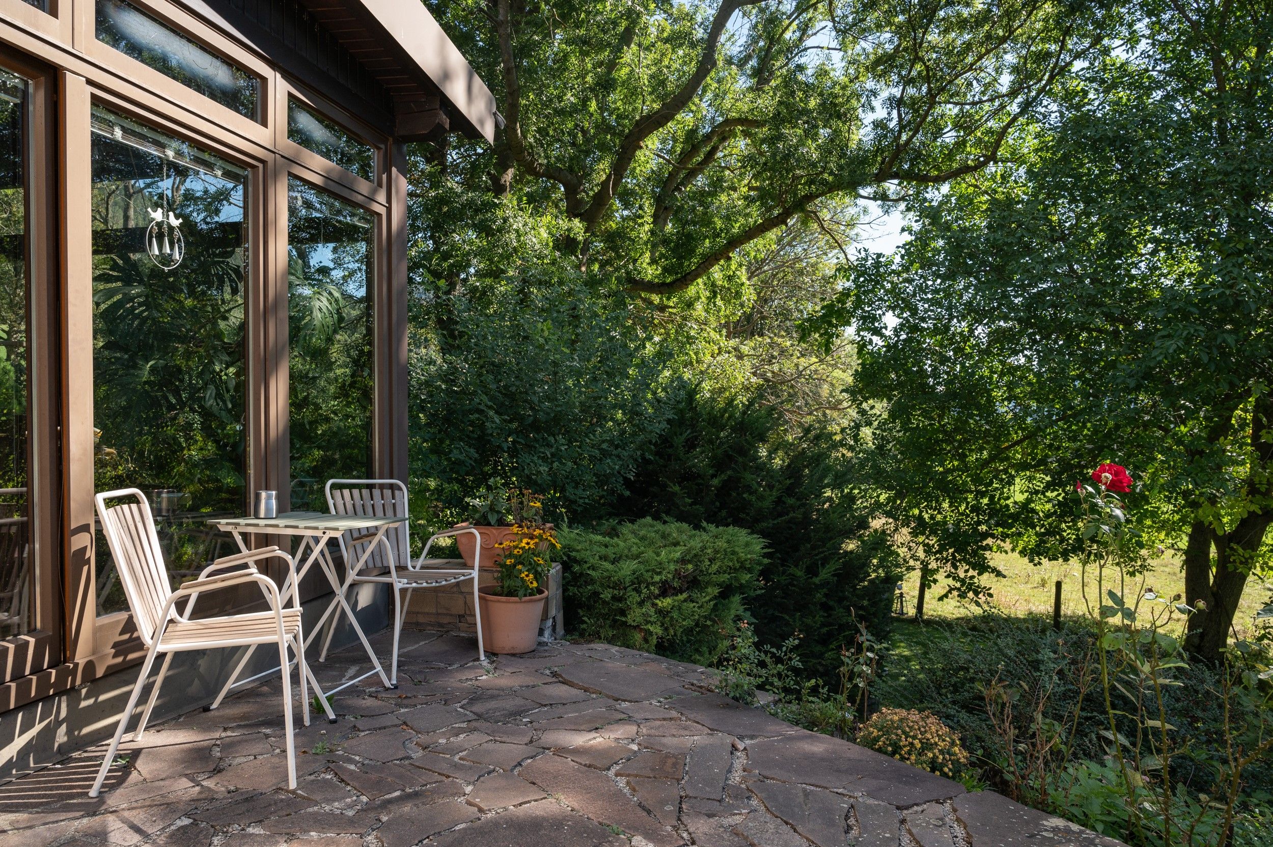 Terrasse mit Tisch und Stühlen vor einem Ferienhaus, umgeben von Bäumen und Pflanzen.