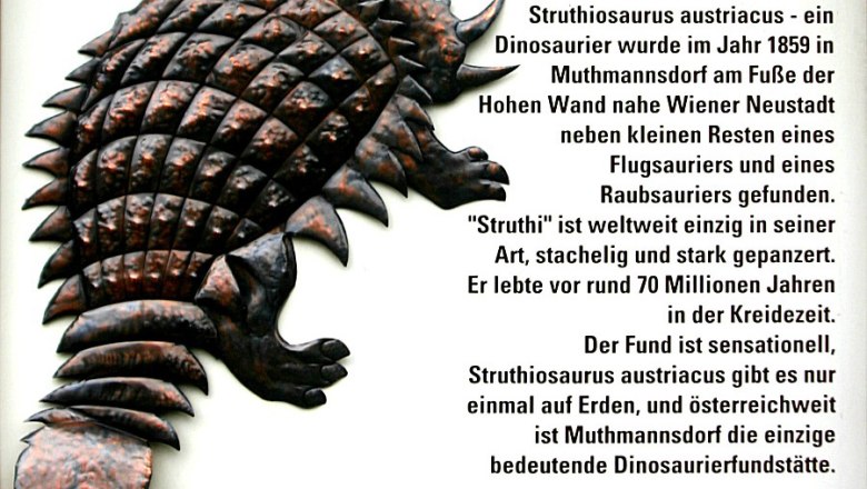 Relief eines gepanzerten Dinosauriers mit Text &uuml;ber den Struthiosaurus austriacus.