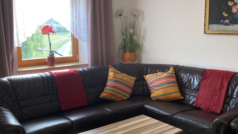 Wohnzimmer mit braunem Ledersofa, Holztisch, bunten Kissen und Fenster mit Vorh&auml;ngen.