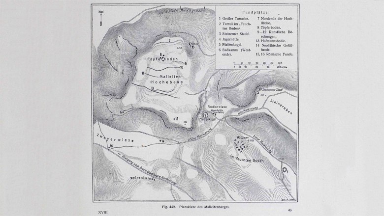 Plan der Malleiten von 1915 mit archäologischen Fundpunkten, © A. Loeber 1915