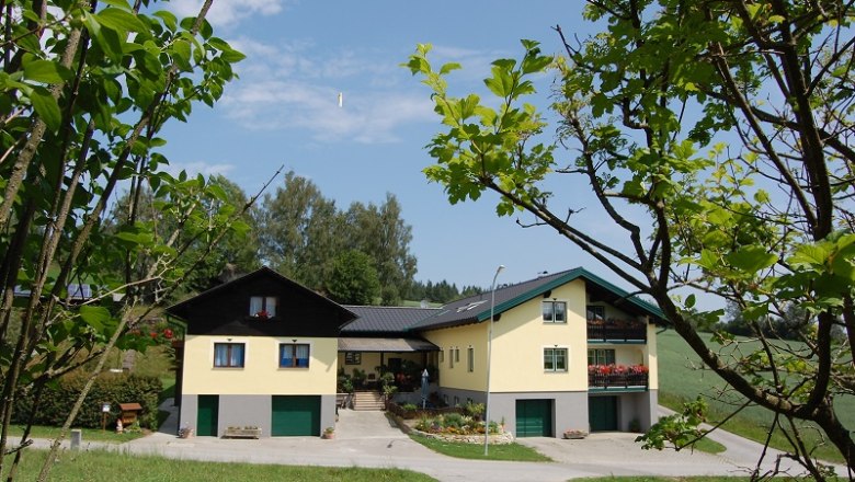 Ferienhaus, © Pölzl Ein großes gelbes Ferienhaus mit grünen Garagentoren, umgeben von Bäumen und Wiesen.