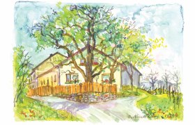 Aquarell eines traditionellen Heurigen mit Bäumen und Garten.