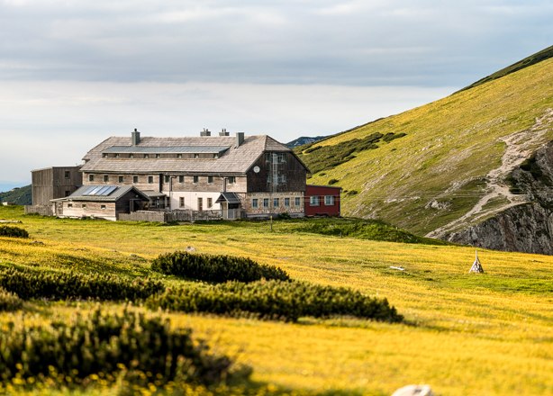 Das Karl-Ludwig-Haus in einer alpinen Landschaft mit gelben Blumenwiesen und bew&ouml;lktem Himmel.
