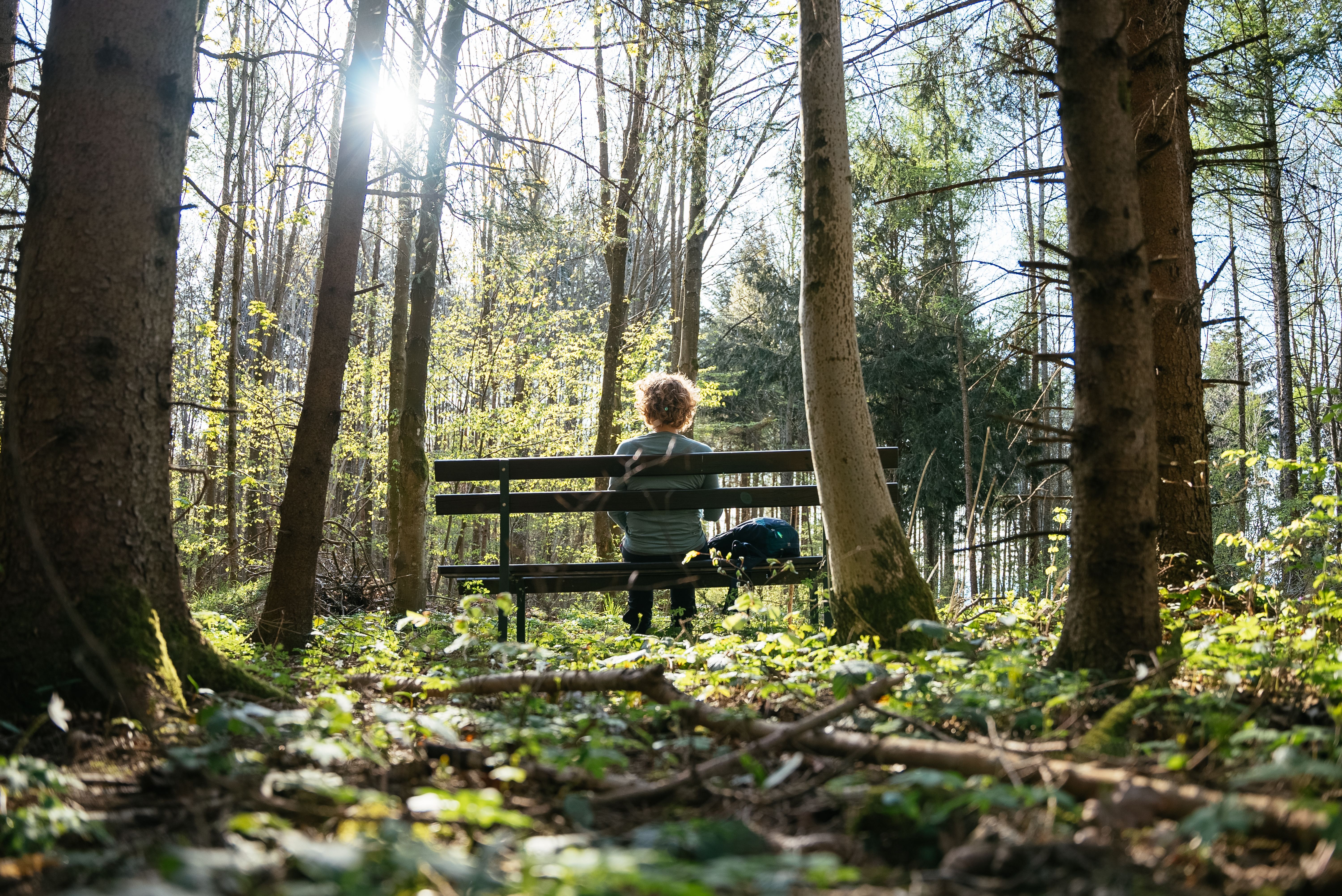 Eine Person sitzt auf einer Holzbank in einem sonnendurchfluteten Wald, umgeben von Bäumen, frischem Grün und einem Rucksack als Rastplatz nach einer Wanderung.
