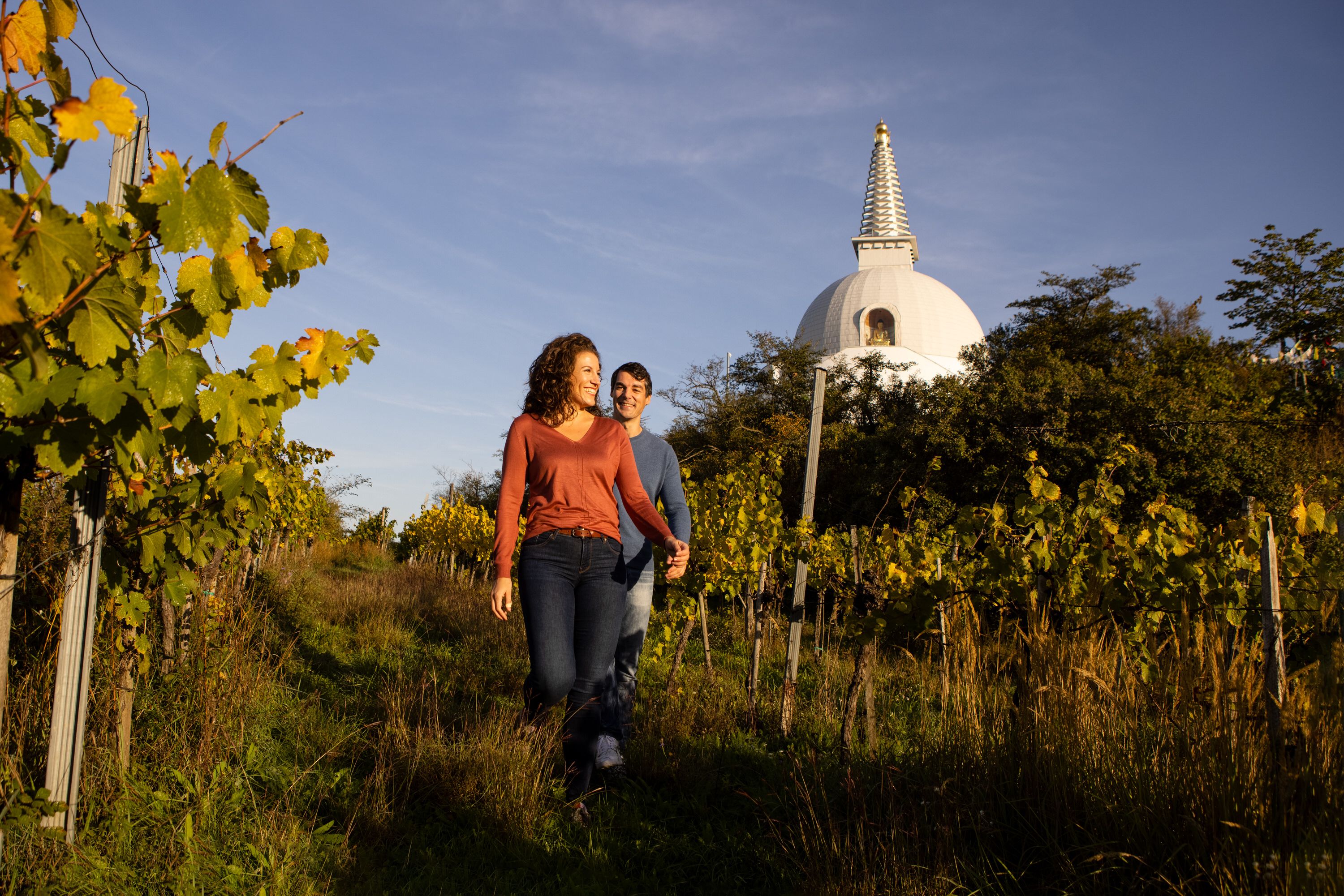 Paar wandert durch die Weingärten, im Hintergrund die Stupa