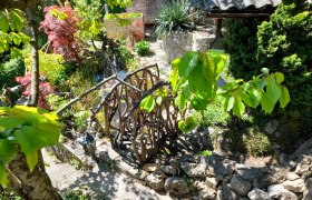 Garten mit Holzbrücke, Pflanzen und Steinen.