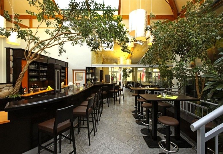 Innenansicht eines Cafés mit Bar, hohen Tischen und Stühlen, umgeben von Pflanzen.