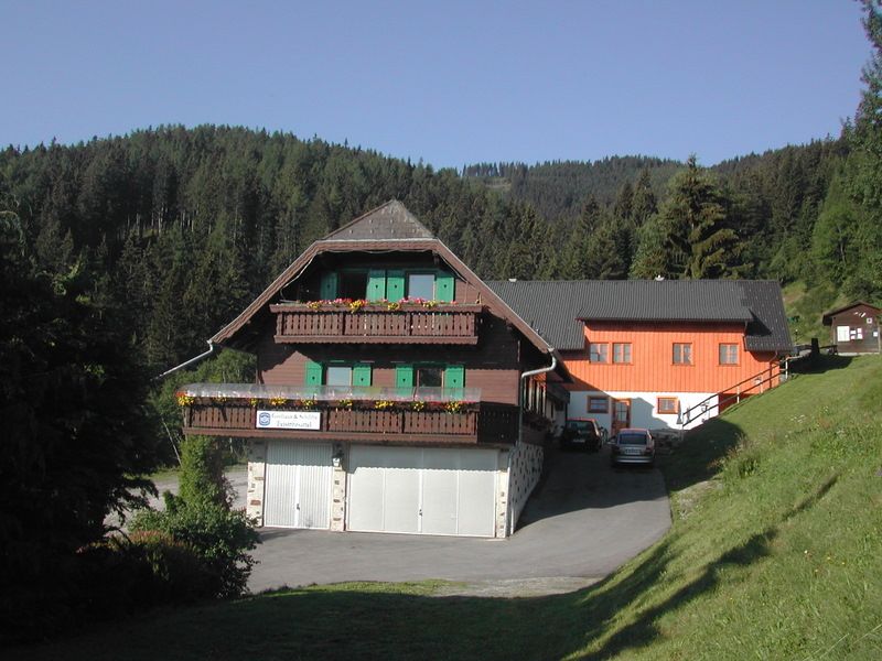 Ein traditionelles Gasthaus mit Holzbalkonen und grünen Fensterläden vor einem bewaldeten Hügel.