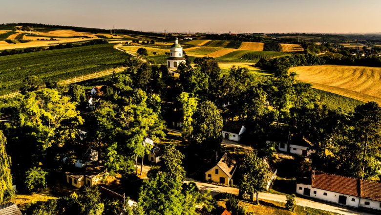 Landschaft mit Feldern, B&auml;umen und einer kleinen Kirche in der Mitte.