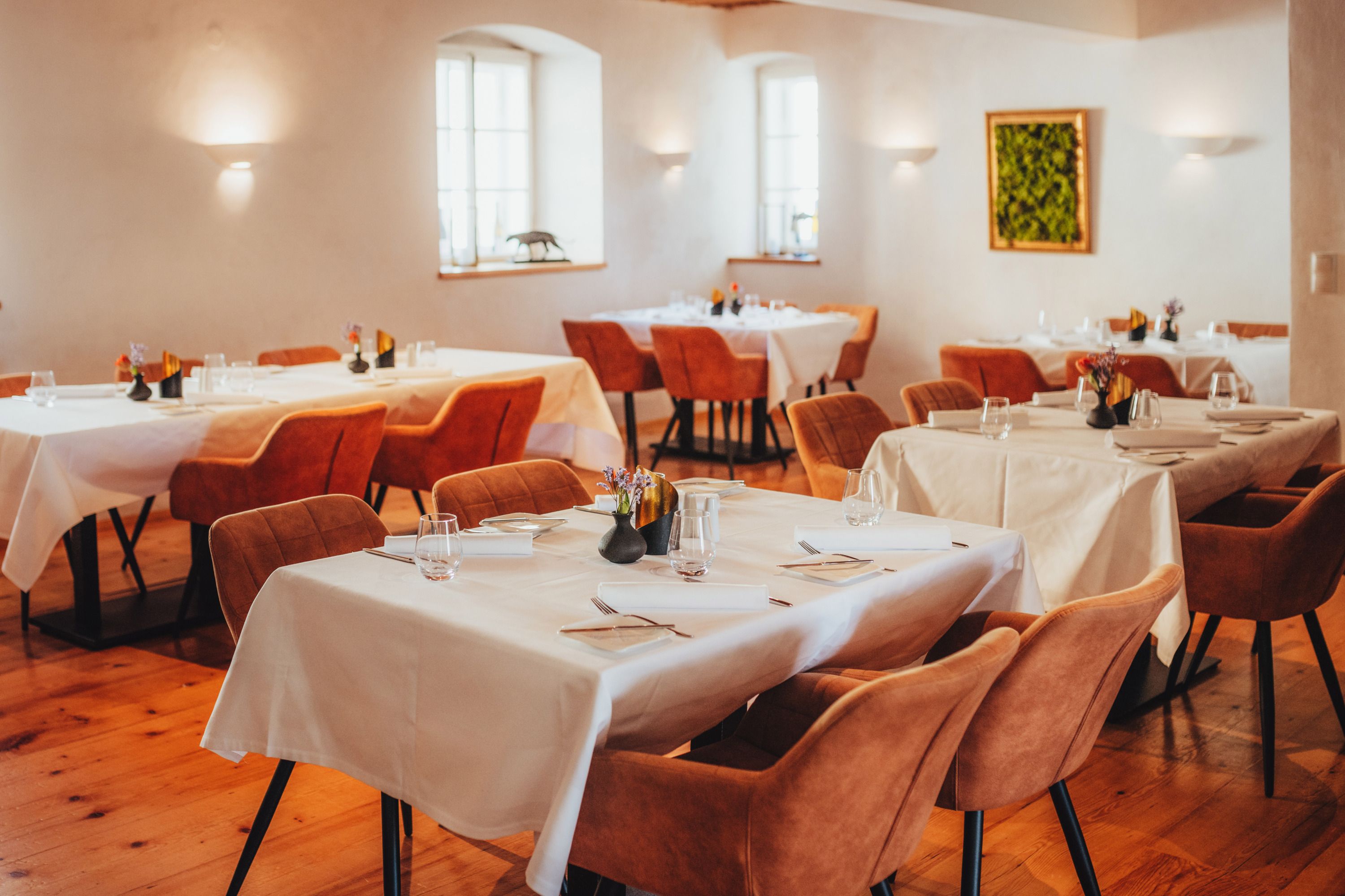 Elegante Gaststube mit gedeckten Tischen und braunen Stühlen.