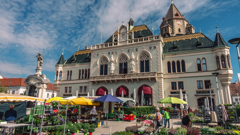 Wochenmarkt vor dem Rathaus in Korneuburg mit Blumenst&auml;nden und Besuchern.