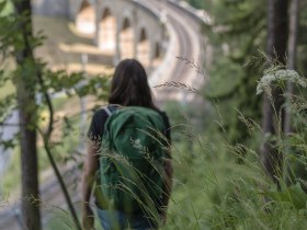 Ein Wanderer genie&szlig;t die frische Bergluft und die atemberaubende Aussicht auf die sanften H&uuml;gel und die geschwungene Bahnlinie, die sich elegant durch die Landschaft schl&auml;ngelt. Umgeben von &uuml;ppigem Gr&uuml;n und dem sanften Rauschen der Natur, l&auml;dt dieser Ort dazu ein, die Seele baumeln zu lassen und die Sch&ouml;nheit der Wiener Alpen in Nieder&ouml;sterreich zu erleben.