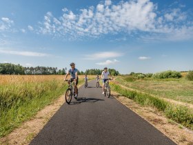 Eine Familie genie&szlig;t die frische Luft und die malerische Landschaft w&auml;hrend einer Radtour. Umgeben von goldenen Feldern und sanften H&uuml;geln strahlt der Sommer eine einladende W&auml;rme aus, die zum Verweilen einl&auml;dt.