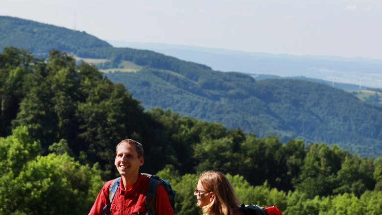 Zwei Wanderer mit Rucksäcken und Wanderstöcken auf einem grünen Hügel mit bewaldeten Bergen im Hintergrund.