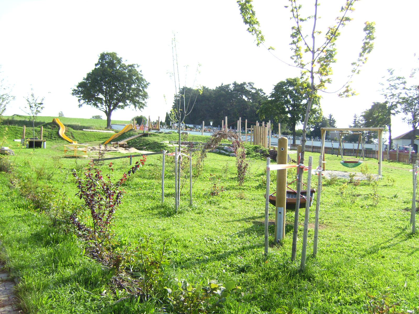 Grüner Spielplatz mit Rutsche und Schaukel.