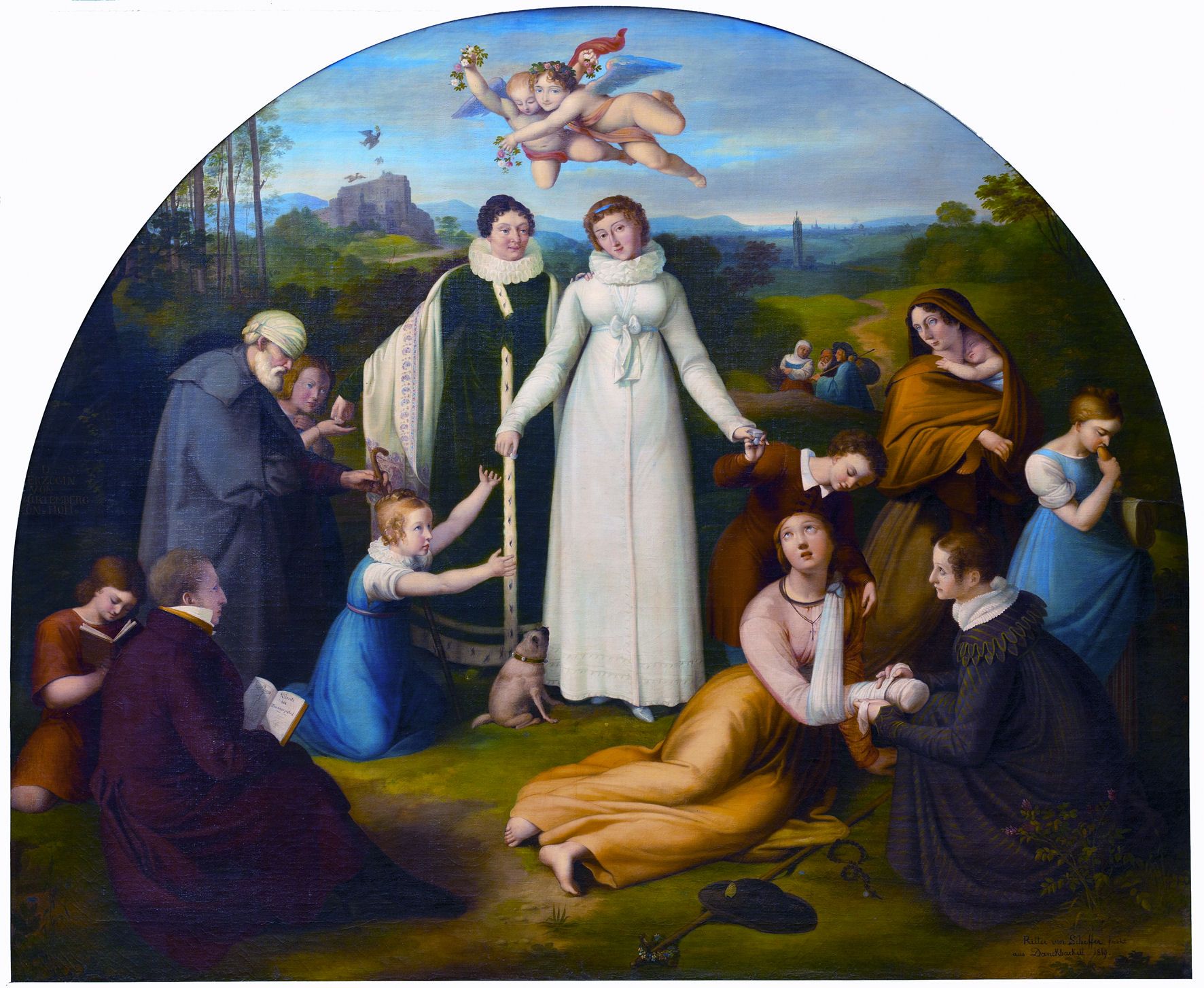 Historisches Gemälde mit einer Frau in Weiß, umgeben von Menschen in einer Landschaft. Zwei Engel schweben über ihr.