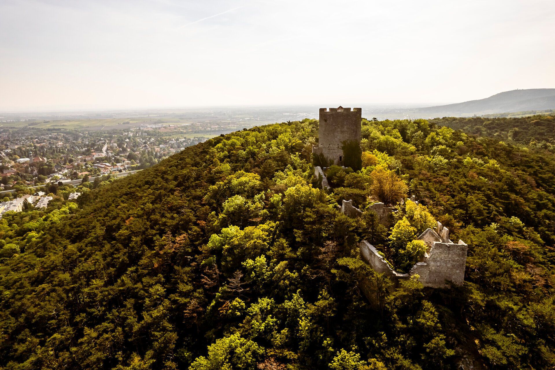 Umgeben von üppigem Grün und majestätischen Bäumen, erhebt sich die alte Burgruine stolz über das Tal. Die sanften Hügel und die klare Luft laden zu einem unvergesslichen Ausblick ein, der die Seele berührt und zum Verweilen einlädt.