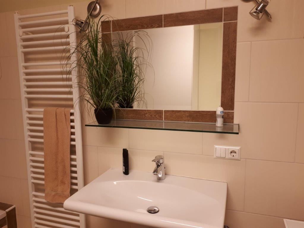 Badezimmer mit Waschbecken, Spiegel, Handtuchhalter und Pflanze.