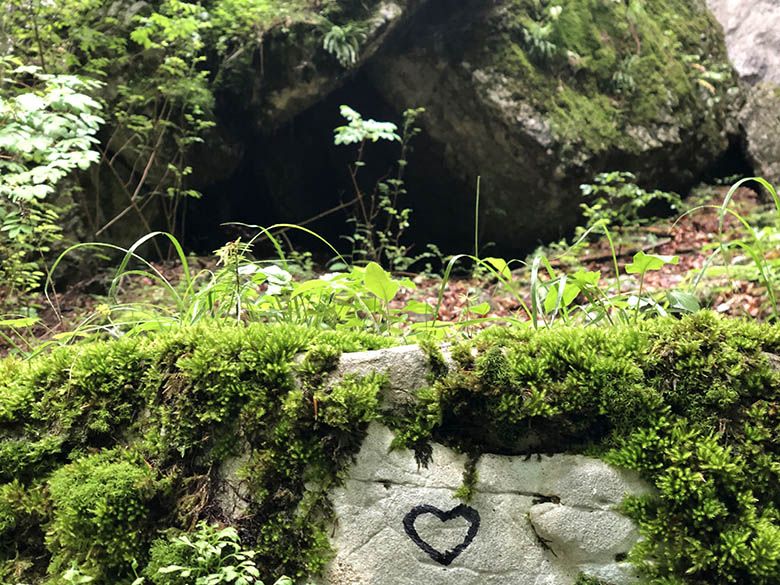 Ein mit Moos bedeckter Stein im Wald mit einem aufgemalten Herzsymbol.