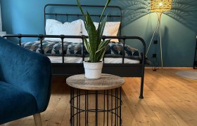 Schlafzimmer mit blauem Sessel, Metallbett, Pflanze auf Tisch und Stehlampe.