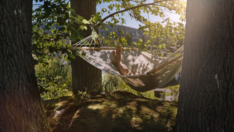 Person entspannt in einer H&auml;ngematte zwischen zwei B&auml;umen im Wald.