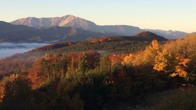 Herbstlandschaft mit bunten B&auml;umen und Bergen im Hintergrund bei Sonnenaufgang.