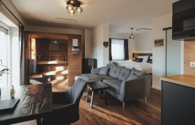 Innenansicht eines Chalets mit Sauna, Sofa und Bett.