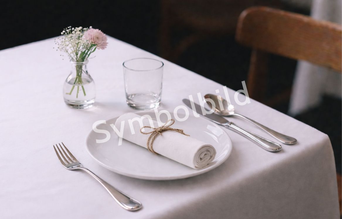 Eingedeckter Restauranttisch mit weißem Tischtuch, Teller, Besteck, Glas und kleiner Blumenvase. Als Wasserzeichen ist "Symbolbild" zu lesen.