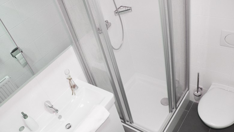 Modernes Badezimmer mit Dusche, Waschbecken und Toilette.