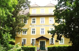 Frontansicht des Carl Michael Ziehrer-Hauses, ein gelbes Geb&auml;ude mit mehreren Fenstern und einem gr&uuml;nen Eingang, umgeben von B&auml;umen.