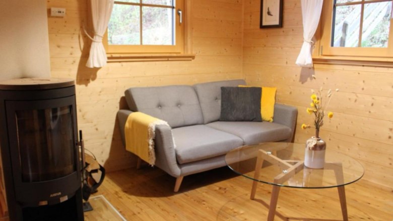 Gemütliches Wohnzimmer mit grauem Sofa, Holzwänden, Kamin und Glastisch.