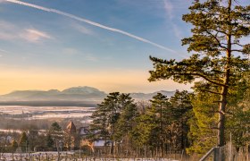 Winterlandschaft mit B&auml;umen und Bergen im Hintergrund bei Sonnenuntergang.