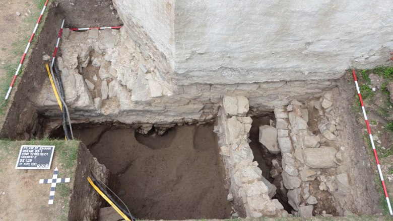Archäologische Ausgrabung - links die mächtige Grundmauer des römischen Burgus, © SILVA NORTICA
