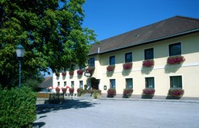 Ein traditionelles Gasthaus mit gelber Fassade und Blumenkästen an den Fenstern.