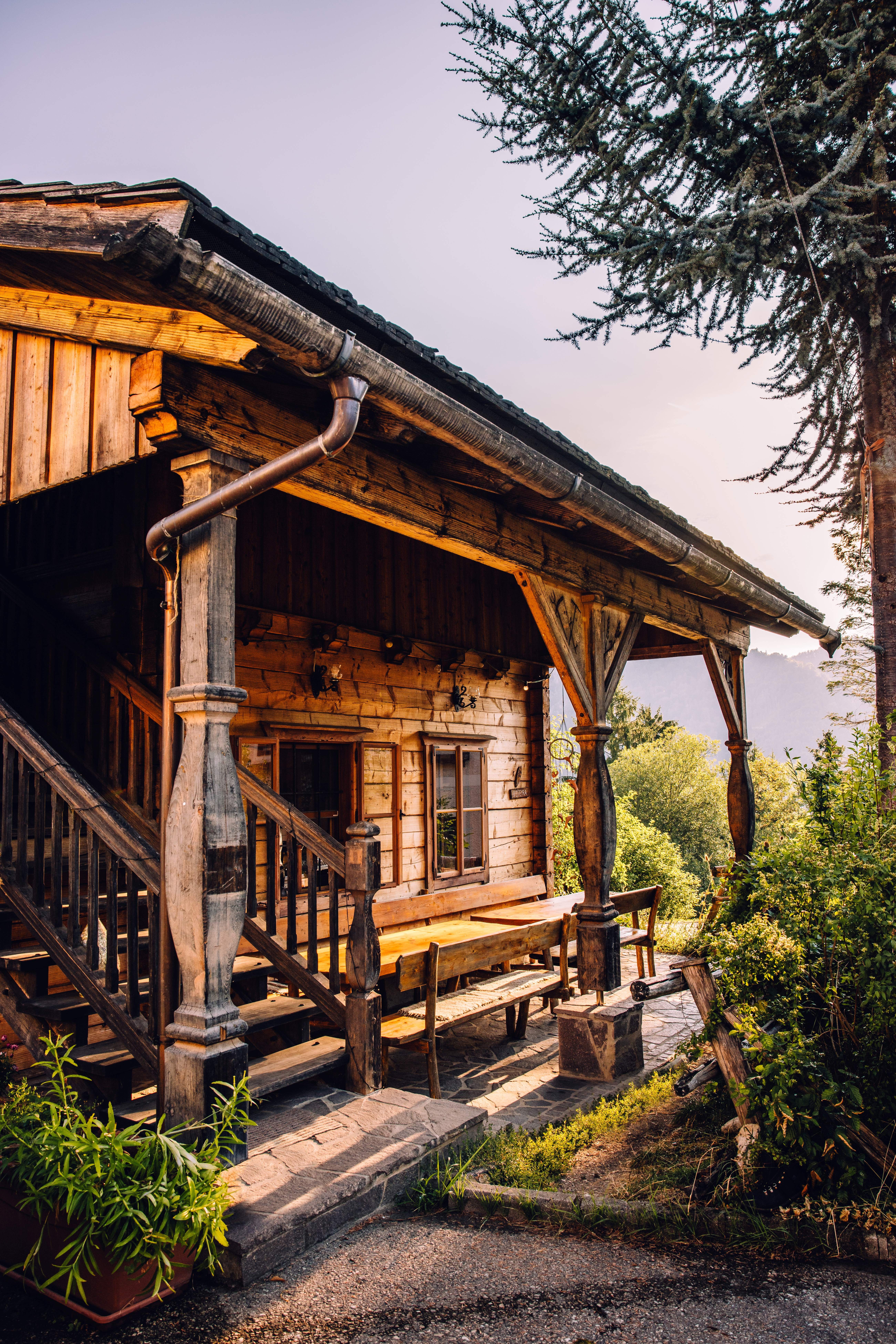 Schluchtenhütte in Opponitz mit überdachter Holzterrasse, Sitzbänken und Tisch, umgeben von grüner Natur.