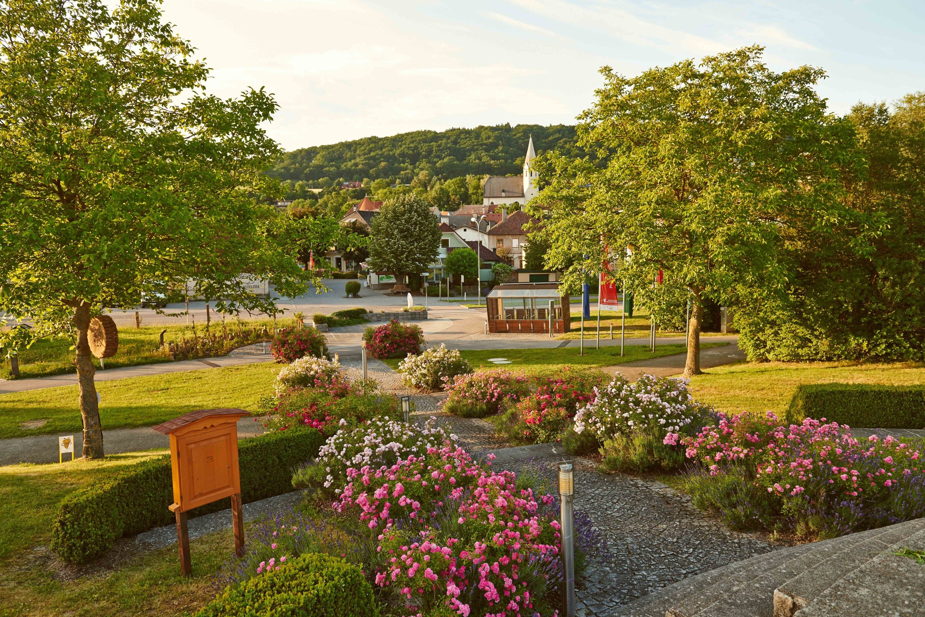 Blick auf einen gepflegten Garten mit Blumen und Bäumen in einer kleinen Gemeinde.
