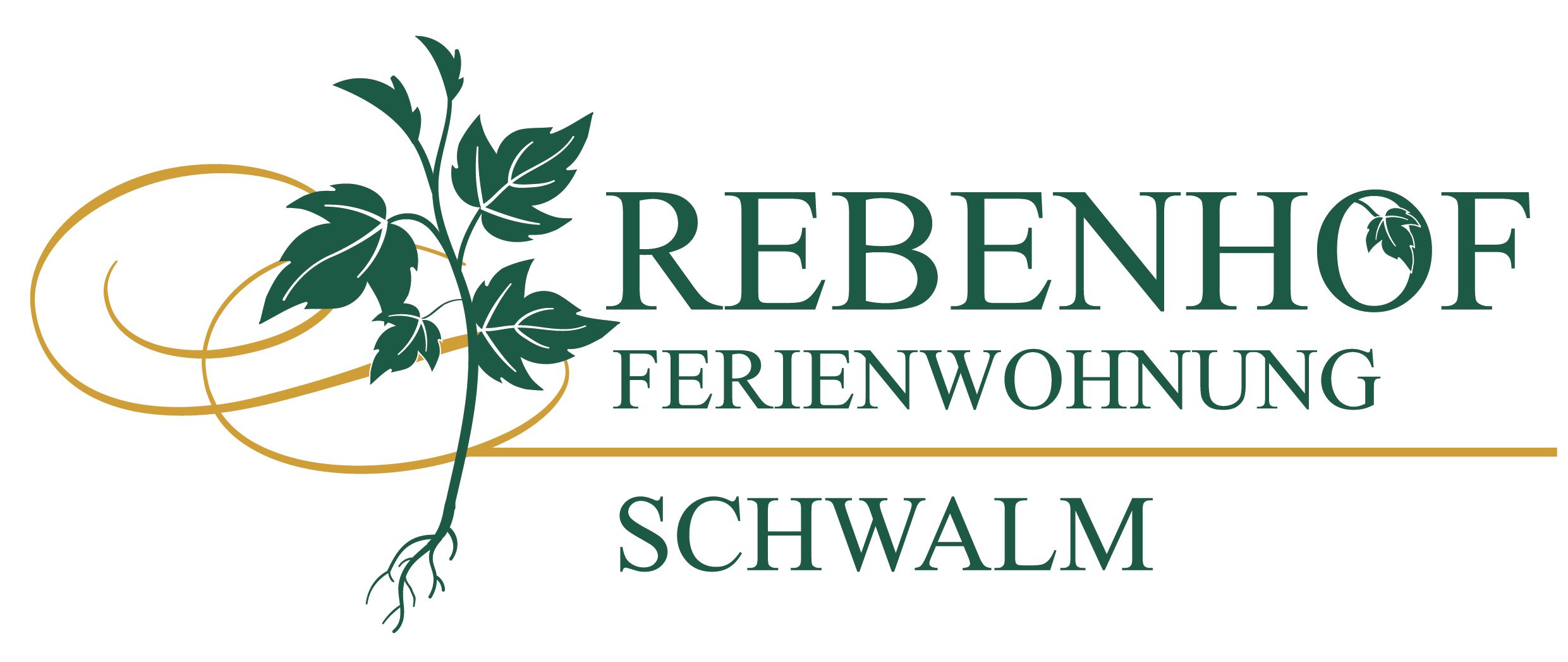 Logo des Rebenhofs mit grünen Blättern und Schriftzug 'Rebenhof Ferienwohnung Schwalm'.