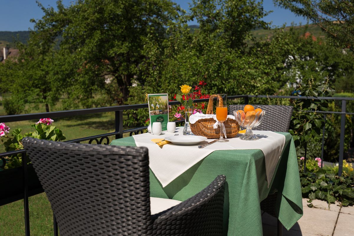 Ein gedeckter Tisch auf einer Terrasse mit grünem Tischtuch, Saft, Obst und Blumen, umgeben von grüner Natur.
