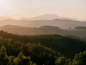 Sonnenuntergang &uuml;ber einer bewaldeten H&uuml;gellandschaft mit Schneeberg im Hintergrund.