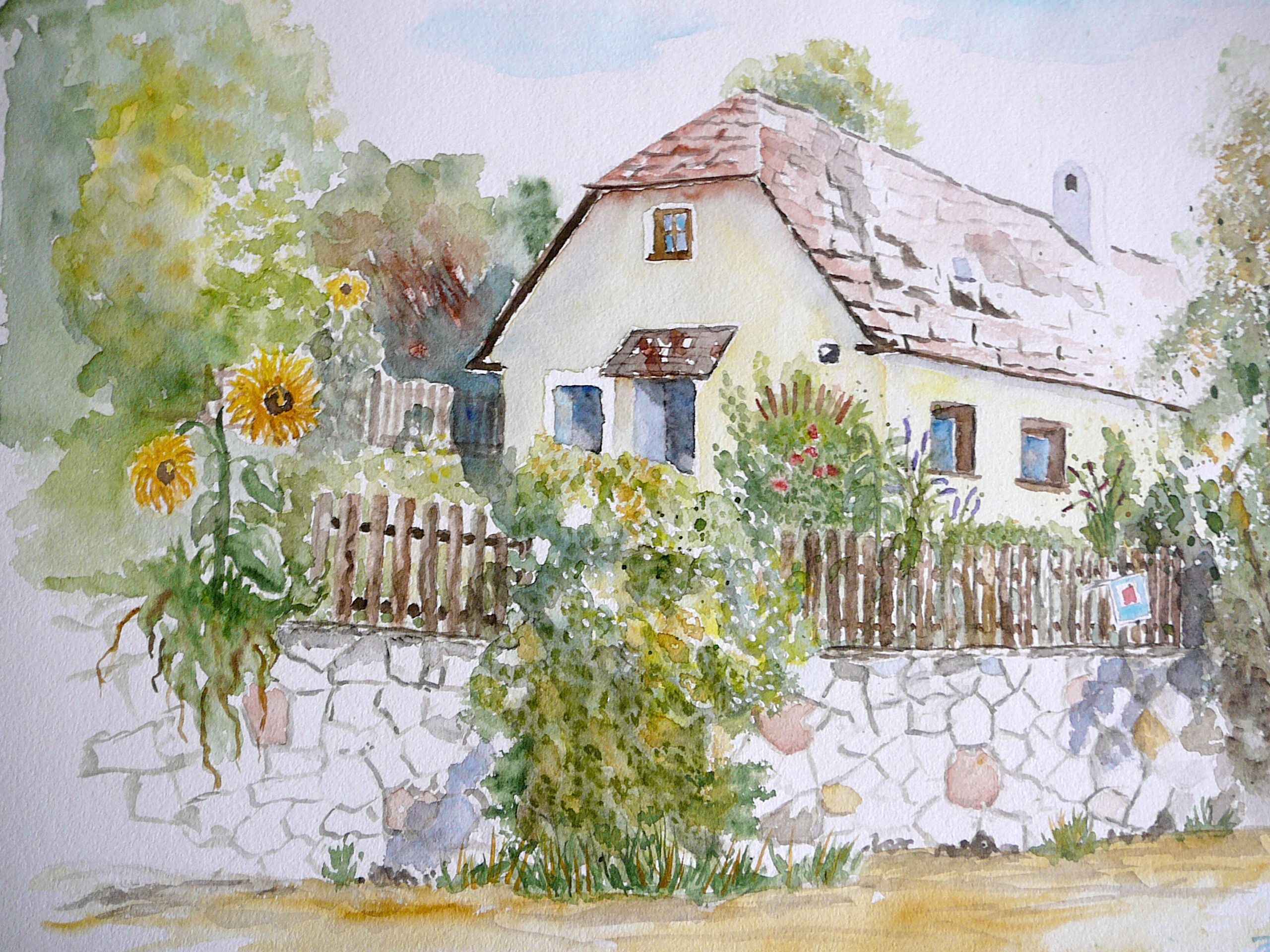 Aquarell eines Hauses mit Garten und Sonnenblumen.