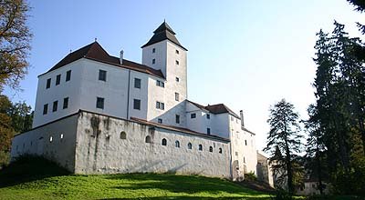Schloss Seisenegg mit wei&szlig;er Fassade und Turm, umgeben von B&auml;umen.