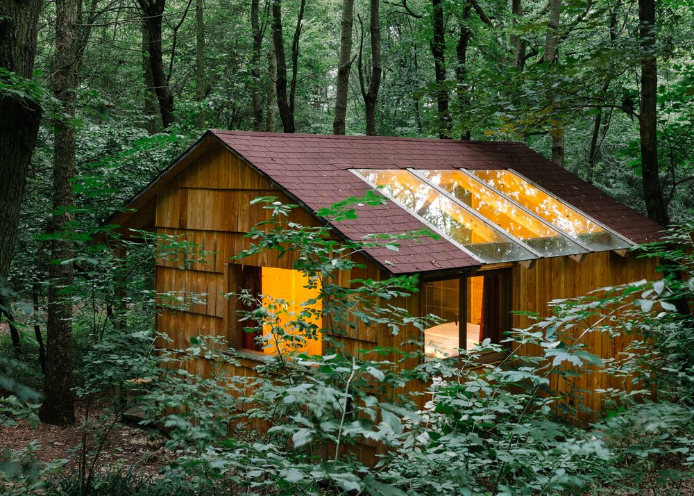 Eine kleine Holzhütte mit Glasdach in einem dichten Wald.