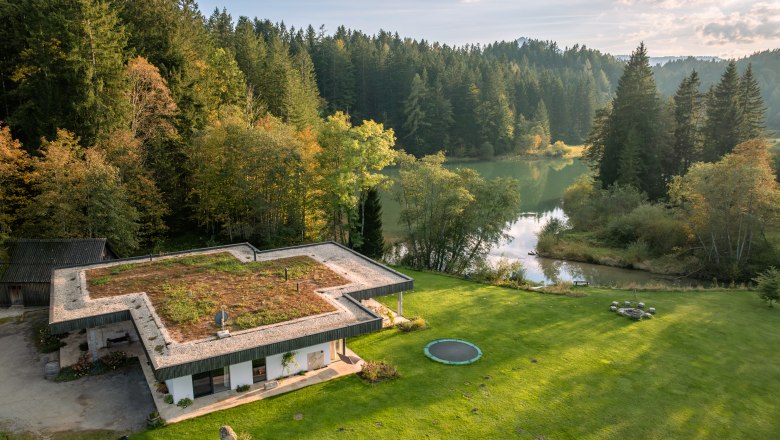 Ferienhaus am See, © Niederösterreich Werbung / Maximilian Pawlikowsky Luftaufnahme eines modernen Hauses mit begrüntem Dach, umgeben von Wald und einem See.