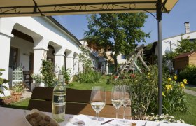 Ein idyllischer Garten mit einem Tisch, auf dem eine Flasche Wein, Gl&auml;ser und N&uuml;sse stehen. Im Hintergrund sind wei&szlig;e Geb&auml;ude und ein Spielplatz zu sehen.
