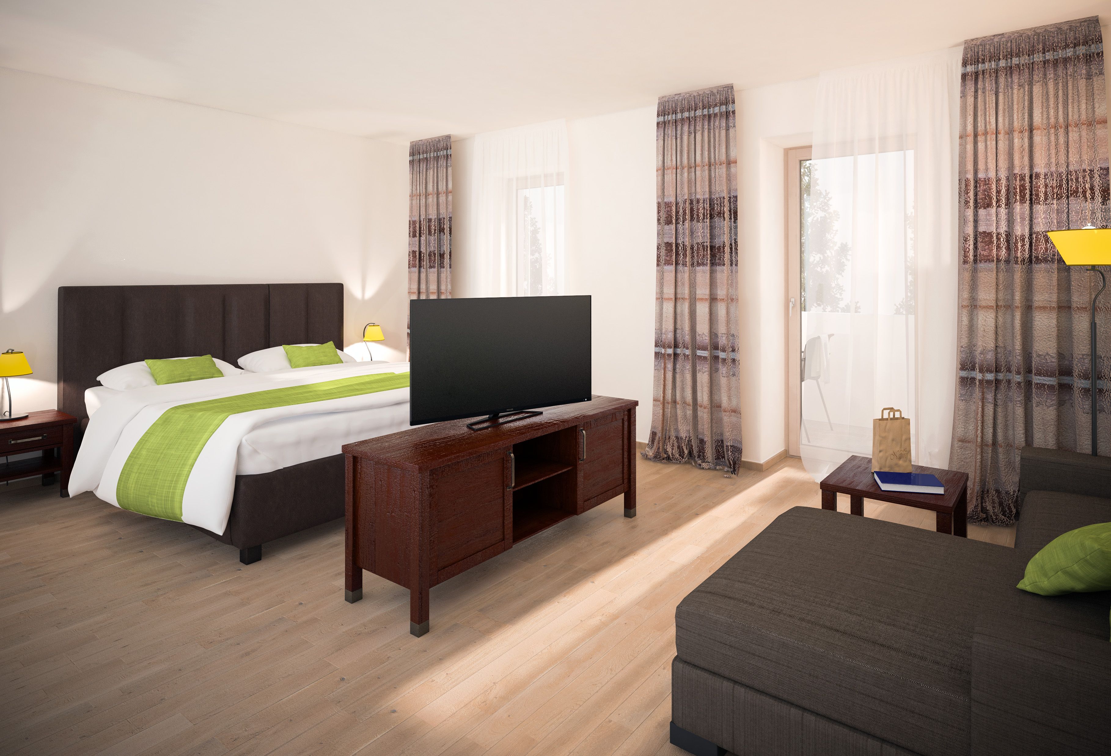 Modernes Hotelzimmer mit Doppelbett, Fernseher und Sofa.